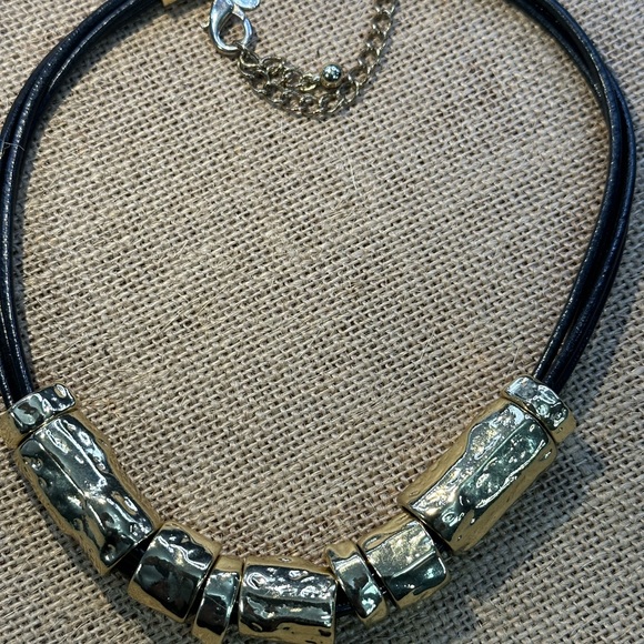 Chicos chunky hammered gold tube beads with four leather strands, NWOT - Picture 8 of 12